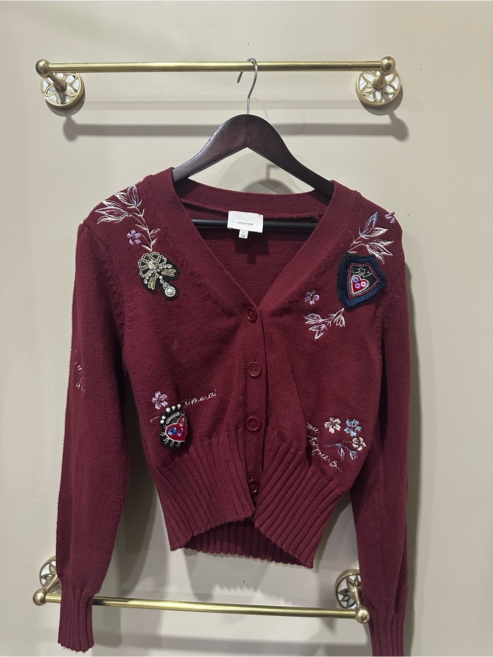 Cinq a Sept Heritage Patch Morgan Cardigan in Oxblood Multi - Picture 4 of 8